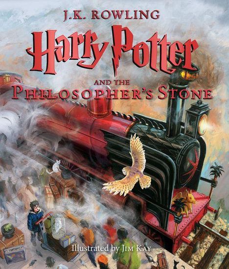 "J.K. Rowling. Harry Potter and the Philosopher's Stone. Illustrated by Jim Kay." Eine rote Dampflok mit Eule und Figuren.