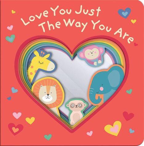 „Love You Just The Way You Are“ umrahmt ein Herz. Tierillustrationen: Giraffe, Löwe, Erdmännchen, Affe, Elefant.