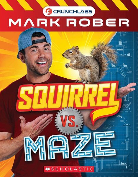 "Squirrel vs. Maze" in großen Buchstaben. Ein fröhlicher Mann mit Baseballkappe, ein Eichhörnchen sitzt auf seiner Hand.