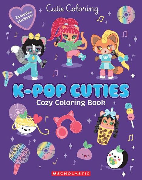 „Includes stickers“, „Cutie Coloring“, „K-POP CUTIES“, „Cozy Coloring Book“. Bunte Tiere in K-Pop-Kleidung und Musik-Symbole.