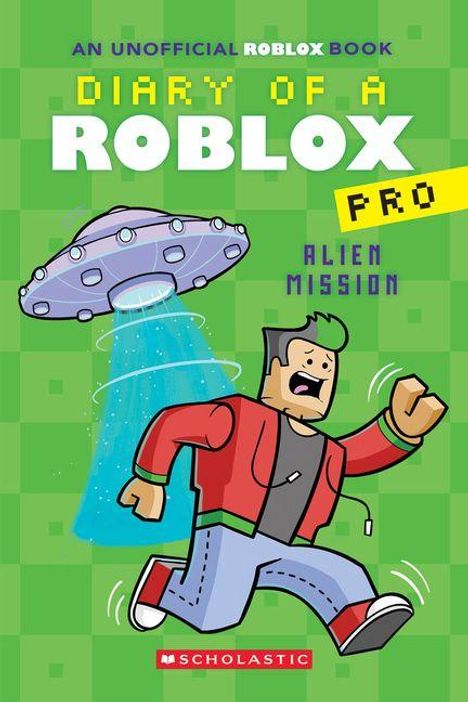 "Diary of a Roblox Pro: Alien Mission." Ein UFO strahlt Licht auf eine Comicfigur auf grünem Hintergrund ab.