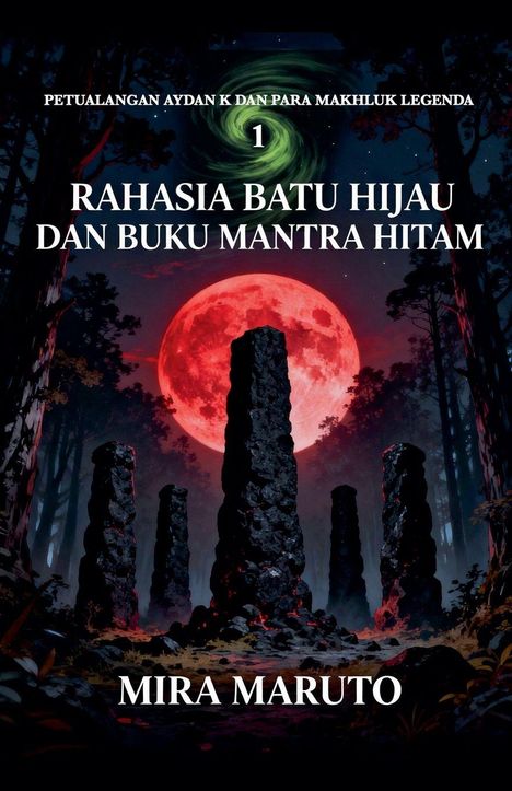 "RAHASIA BATU HIJAU DAN BUKU MANTRA HITAM", roter Vollmond über dunklen Steinsäulen im Wald, Illustration.