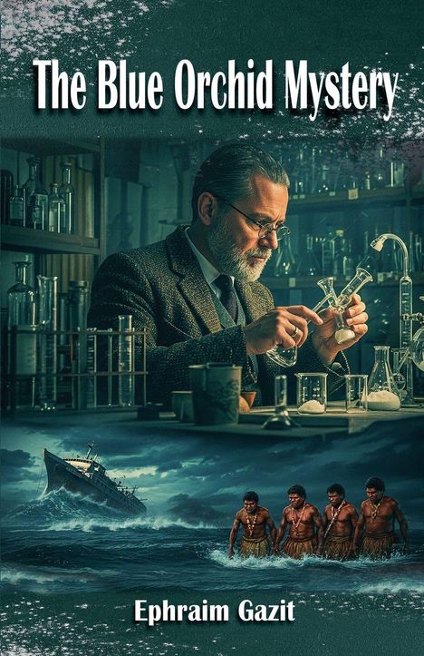 "The Blue Orchid Mystery" und "Ephraim Gazit". Ein Mann im Labor, ein Schiff auf stürmischem Meer, vier Männer im Wasser.