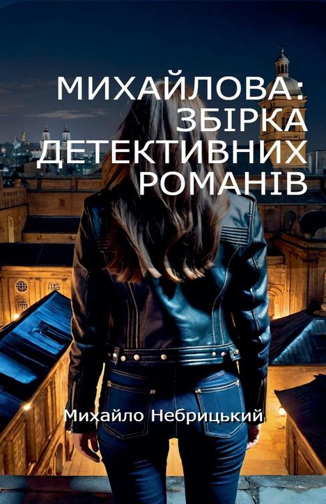 Text in kyrillischer Schrift: "МИХАЙЛОВА: ЗБІРКА ДЕТЕКТИВНИХ РОМАНІВ" und "Михайло Небрицький". Frau in Lederjacke, Stadtszene.