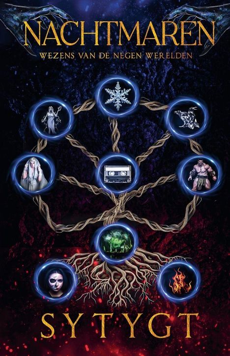 „Nachtmaren: Wezens van de Negen Werelden“ und „Sytygt“ in goldener Schrift. Illustration mit mythologischen Figuren und Symbolen.