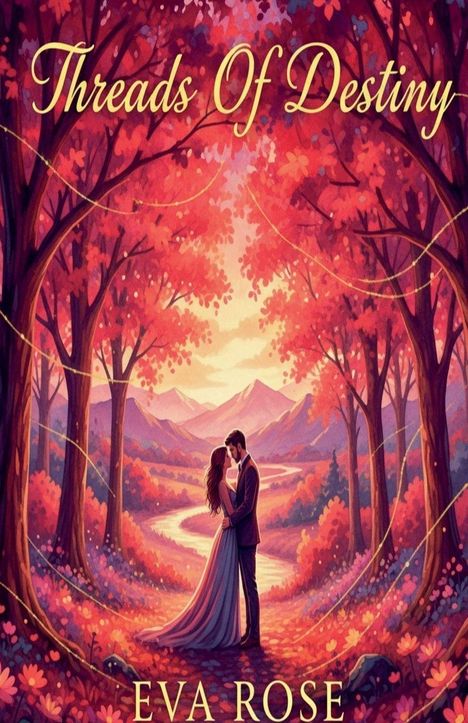 "Threads Of Destiny" und "Eva Rose" auf einer Illustration mit Liebespaar in einem Wald aus roten Bäumen.