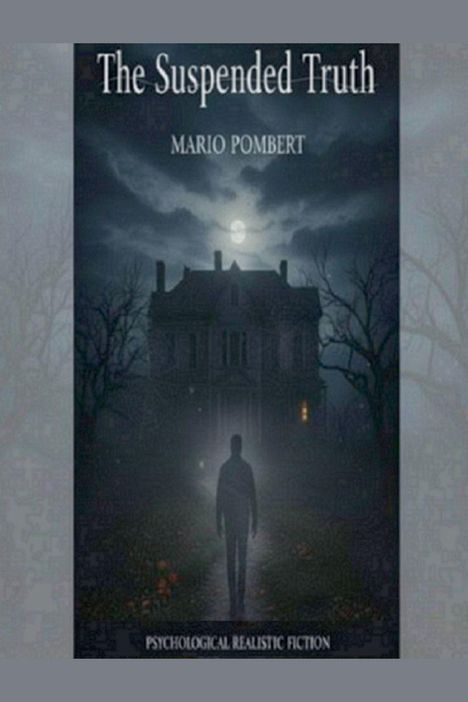 "The Suspended Truth, Mario Pombert, Psychological Realistic Fiction." Silhouette eines Mannes vor einem düsteren Haus bei Vollmond.