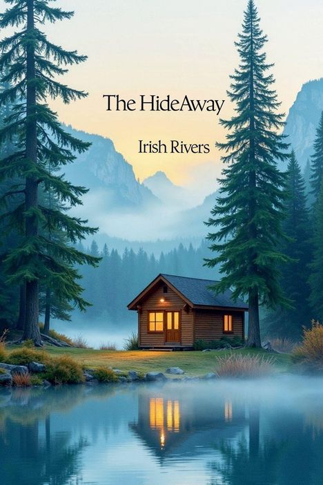 "The HideAway, Irish Rivers." Eine Hütte steht am See, umgeben von hohen Bäumen und Nebel mit Bergen im Hintergrund.