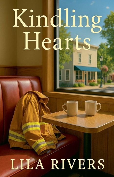 "Kindling Hearts" von Lila Rivers. Im Vordergrund eine Feuerwehrjacke über einer roten Sitzbank und zwei Tassen auf einem Tisch.