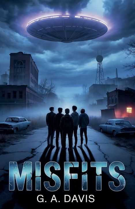 "Misfits" und "G. A. Davis". Fünf Personen stehen auf einer Straße, über ihnen ein großes UFO in einer nebligen Stadt.