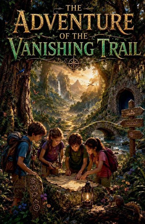 „THE ADVENTURE OF THE VANISHING TRAIL“, vier Kinder erkunden eine urwüchsige Landschaft mit Karte, Kompass und Tieren.