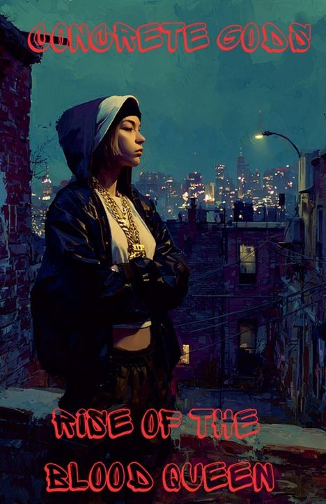 "CONCRETE GODS. RISE OF THE BLOOD QUEEN." Eine Person in urbaner Umgebung, nachts mit Blick auf die Stadt.