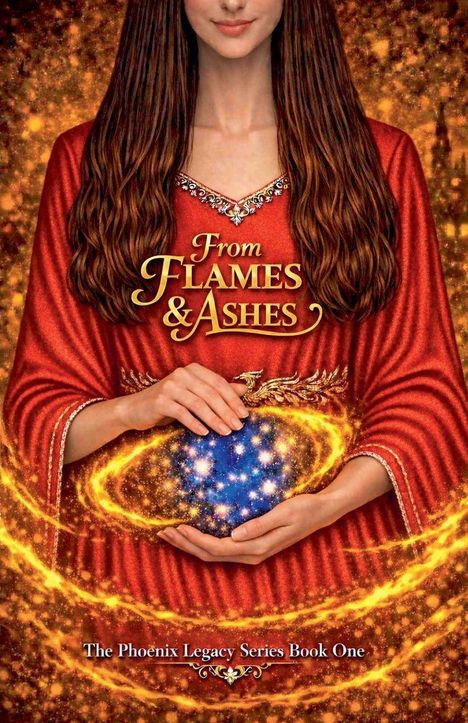 "From Flames & Ashes" und "The Phoenix Legacy Series Book One". Frau in rotem Gewand hält funkelnde Kugel, umgeben von Flammen.