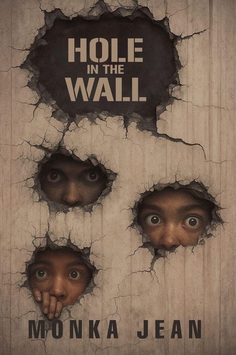 Text: "HOLE IN THE WALL", "MONKA JEAN". Drei Gesichter blicken durch eine zerstörte Wand.