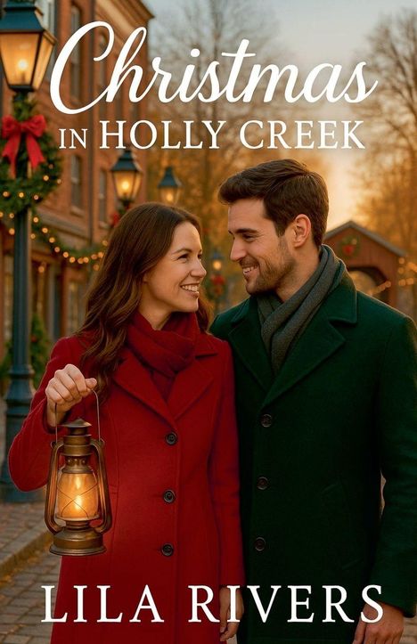 „Christmas in Holly Creek“; Lila Rivers. Ein Paar lächelt einander an, winterlich gekleidet, sie hält eine Laterne.