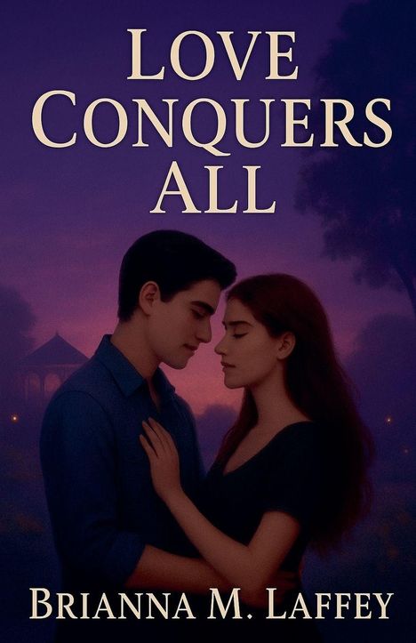 LOVE CONQUERS ALL. Brianna M. Laffey. Eine Illustration eines innigen Paares vor einem violetten Himmel.
