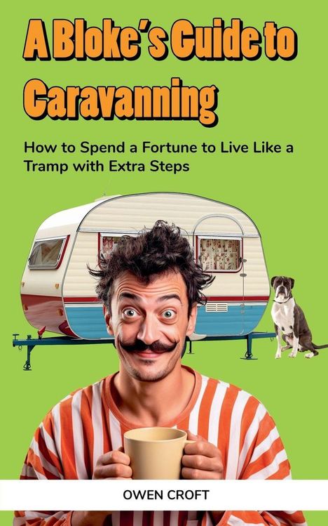 „A Bloke's Guide to Caravanning. How to Spend a Fortune to Live Like a Tramp with Extra Steps.“ Mann lächelt, hält Tasse.