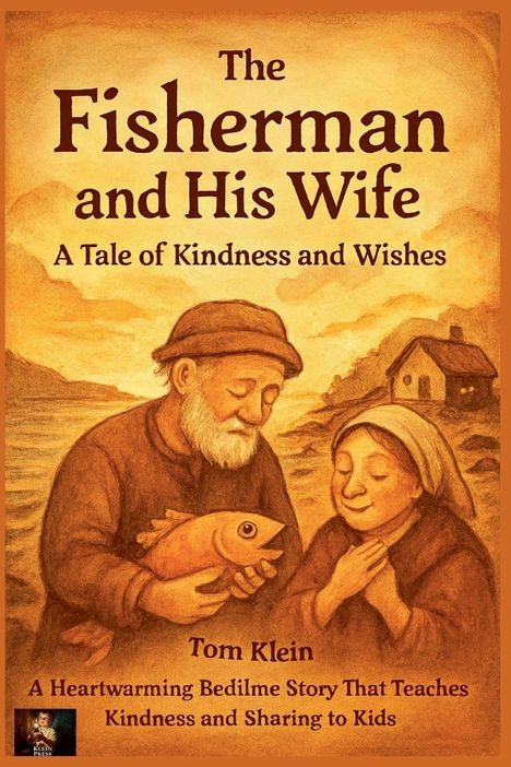 "The Fisherman and His Wife: A Tale of Kindness and Wishes." Illustration: Ein Fischer mit Fisch, Frau daneben, kleines Haus im Hintergrund.