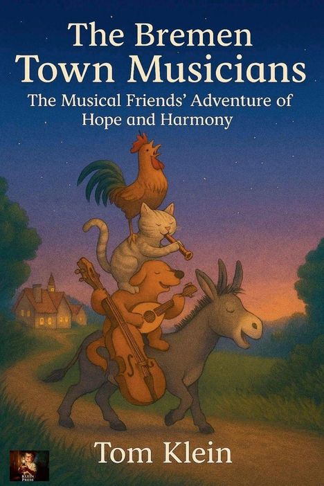 "The Bremen Town Musicians: The Musical Friends’ Adventure of Hope and Harmony. Tom Klein." Illustration von Tieren, die musizieren.