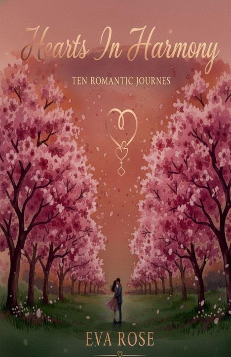 "Hearts In Harmony. Ten Romantic Journeys. Eva Rose." Verliebtes Paar unter blühenden Kirschbäumen in einer romantischen Szene.