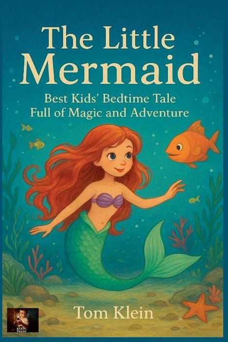 Ein Buchcover mit dem Text "The Little Mermaid", Illustration einer Meerjungfrau mit rotem Haar, begleitet von einem Fisch.