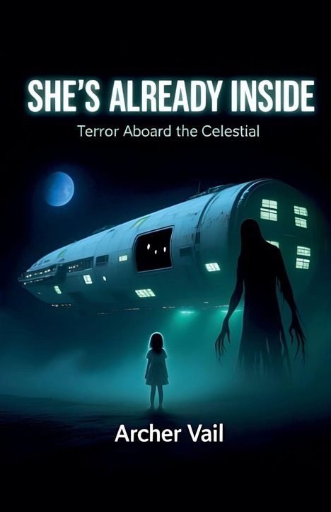 Text: "SHE'S ALREADY INSIDE", "Terror Aboard the Celestial", "Archer Vail". 

Eine Illu: Mädchen und Schattenfigur vor Raumschiff.