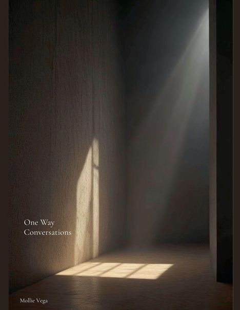 "One Way Conversations" und "Mollie Vega". Lichtstrahlen durch ein Fenster werfen Schatten in einem minimalistischen Raum.