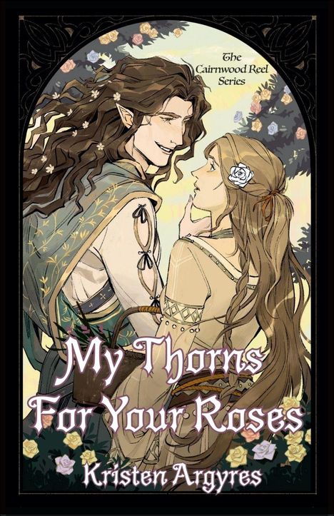 Eine Illustration zeigt zwei lächelnde Personen in eleganter mittelalterlicher Kleidung, umrahmt von Rosen.