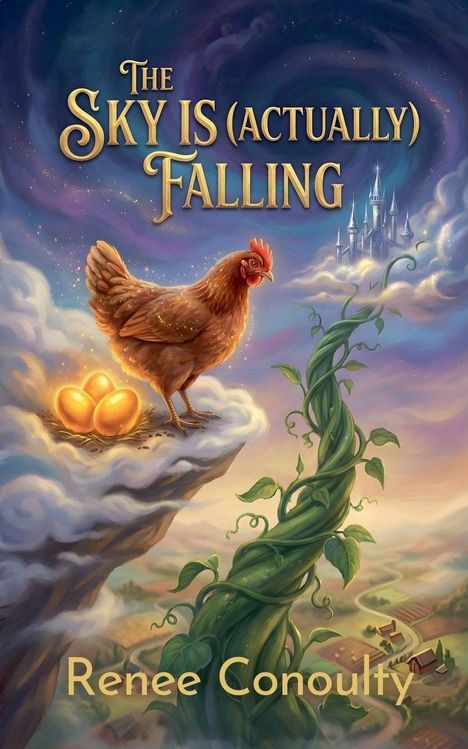 "The Sky Is (Actually) Falling", Renee Conoulty. Eine Henne steht bei goldenen Eiern auf Wolken, nahe einer Bohnenranke und einem Schloss.