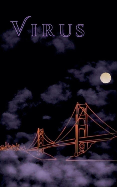 Text "VIRUS" oben, darunter eine Illustration einer Brücke bei Nacht mit Vollmond und Wolken im Hintergrund.