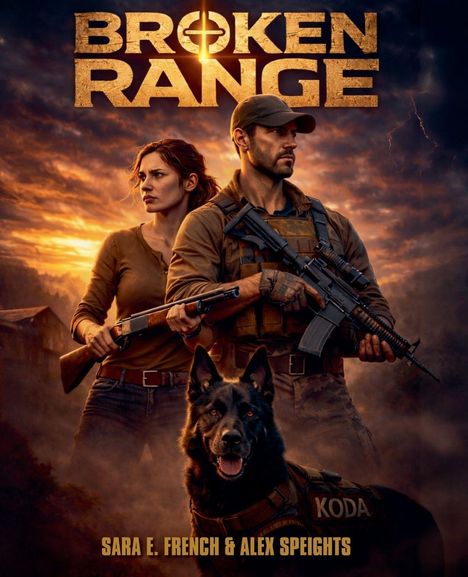 "Broken Range" oben in großen Buchstaben. Unten: "Sara E. French & Alex Speights." Ein Mann, eine Frau und ein Hund mit Ausrüstung.
