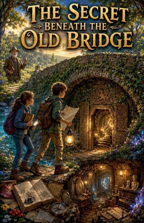"The Secret Beneath the Old Bridge" in goldener Schrift. Kinder mit Karte und Lampe vor beleuchtetem alten Tunnel, ländliche Umgebung.