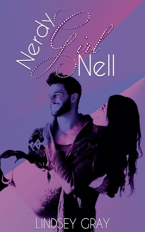 "Nerdy Girl Nell", "Lindsey Gray". Illustration: Ein Mann trägt eine Frau, beide lächeln, lila und rosa Farbtöne.