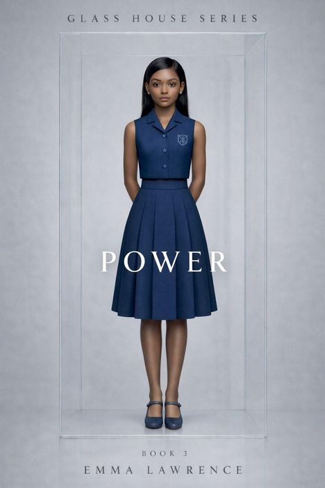 "GLASS HOUSE SERIES. POWER. BOOK 3. EMMA LAWRENCE." Eine junge Frau in Schuluniform steht in einem durchsichtigen Kasten.