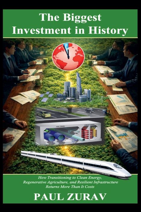 "The Biggest Investment in History" ist oben zu lesen. Unten: "Paul Zurav". Illustration eines Konferenztisches mit Natur und Stadt.