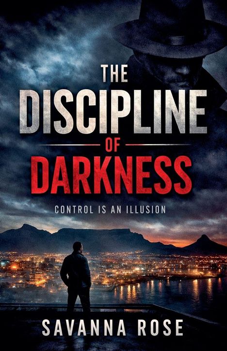 Titel: "The Discipline of Darkness", "Control is an Illusion". Autor: Savanna Rose. Mann blickt auf beleuchtete Stadt.