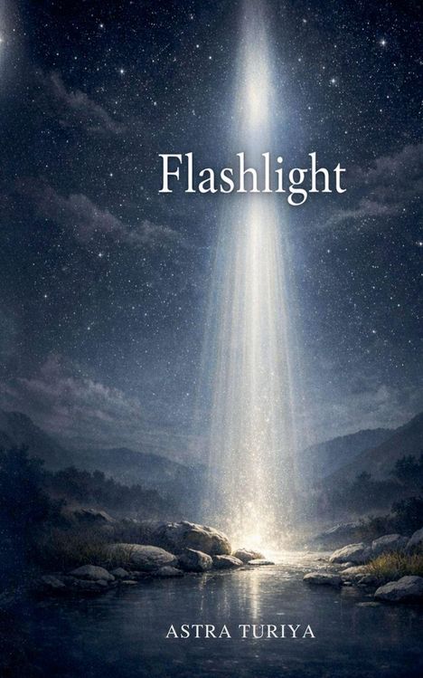 "Flashlight. Astra Turiya." Ein heller Lichtstrahl fällt auf einen Fluss, umgeben von Bergen unter einem sternklaren Himmel.