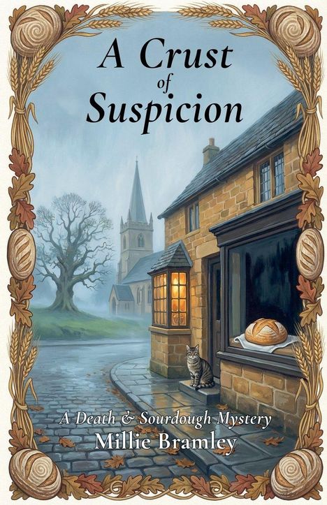 Text: "A Crust of Suspicion. A Death & Sourdough Mystery. Millie Bramley." Illustration: Katze vor Backsteinhaus, Laib Brot im Fenster.