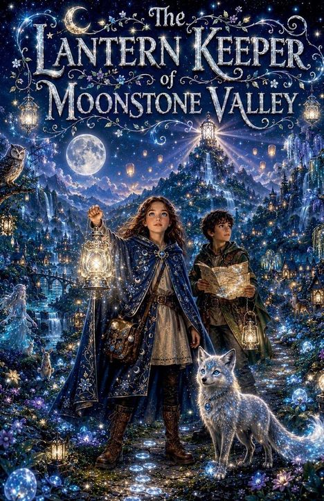 "The Lantern Keeper of Moonstone Valley" in magischer Nachtlandschaft, Kinder mit Laternen, funkelnder Fuchs und Feen.