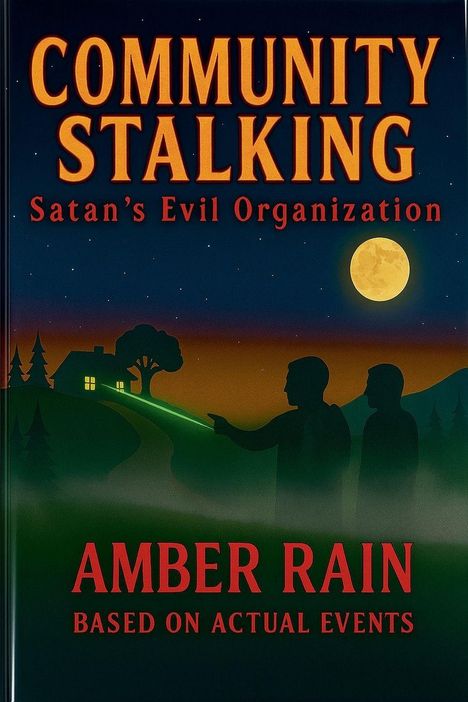 „COMMUNITY STALKING: Satan’s Evil Organization“ in Orange und Rot. Zwei Silhouetten, ein Haus, Bäume, Vollmond.