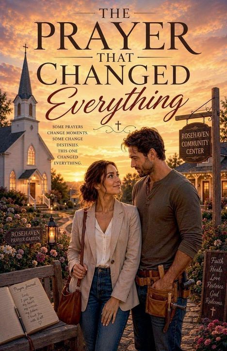 "The Prayer That Changed Everything." Mann und Frau vor Kirche, Rosehaven Community Center Schild. Gebetstagebuch auf Bank.