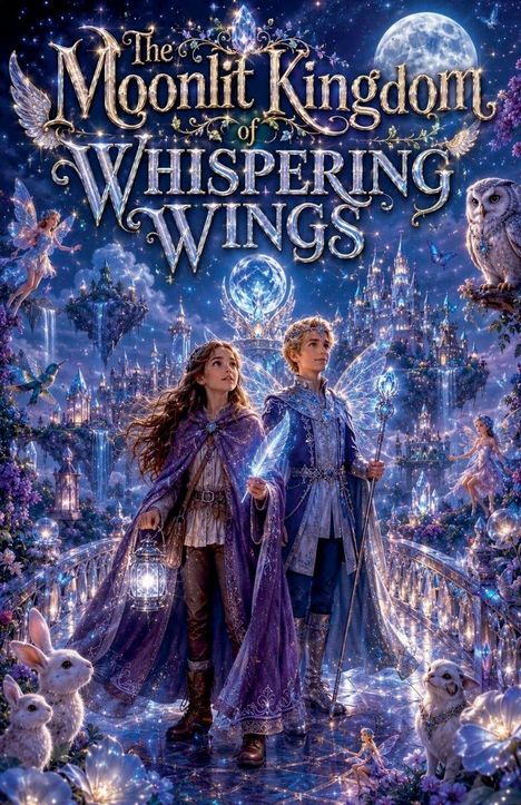 "The Moonlit Kingdom of Whispering Wings." Zwei Kinder in magischer Kleidung, umgeben von Feen, Tieren und schimmernden Schlössern.