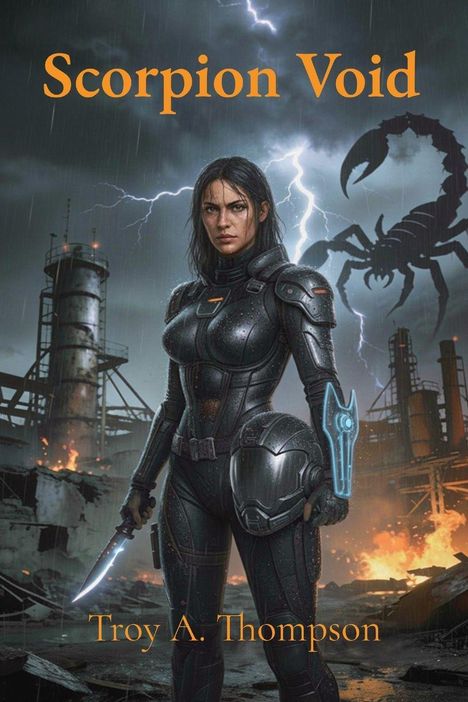 "Scorpion Void, Troy A. Thompson." Eine Kriegerin steht in Rüstung vor einem Industriehintergrund mit Blitz und Skorpionschatten.