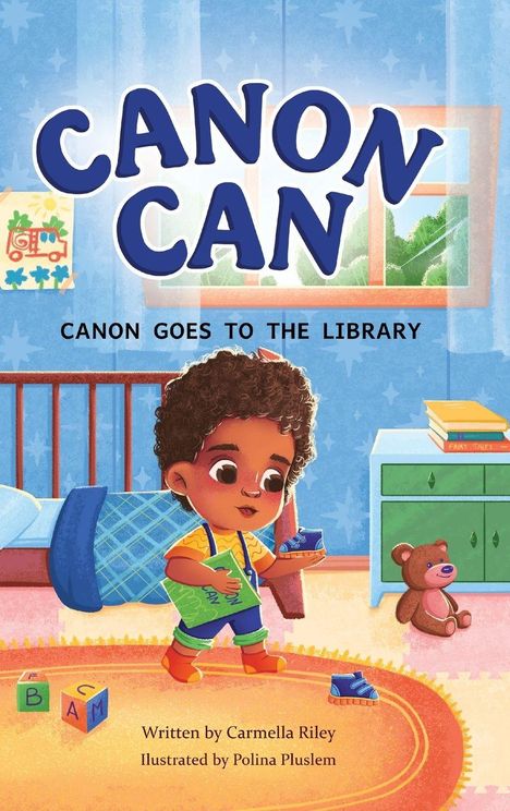 Text: "CANON CAN. Canon goes to the library." Illustration eines Kindes in einem farbenfrohen Schlafzimmer.