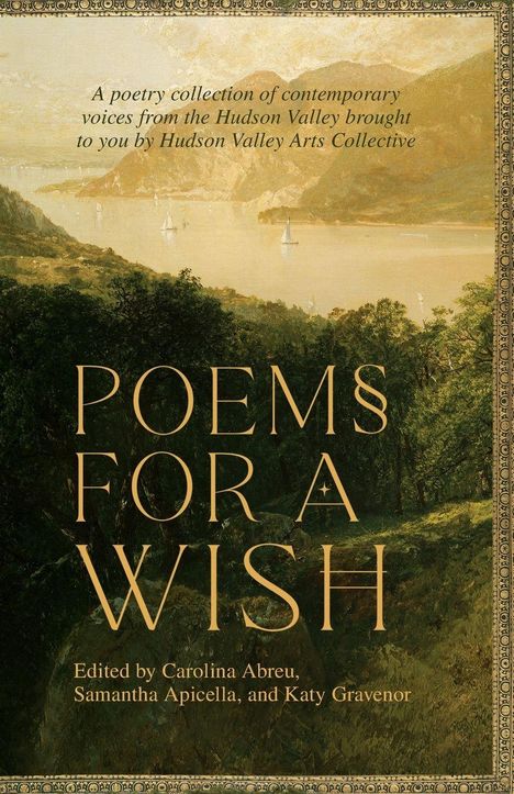 "POEMS FOR A WISH" und "A poetry collection..." steht auf einem Gemälde einer malerischen Flusslandschaft mit Segelbooten.