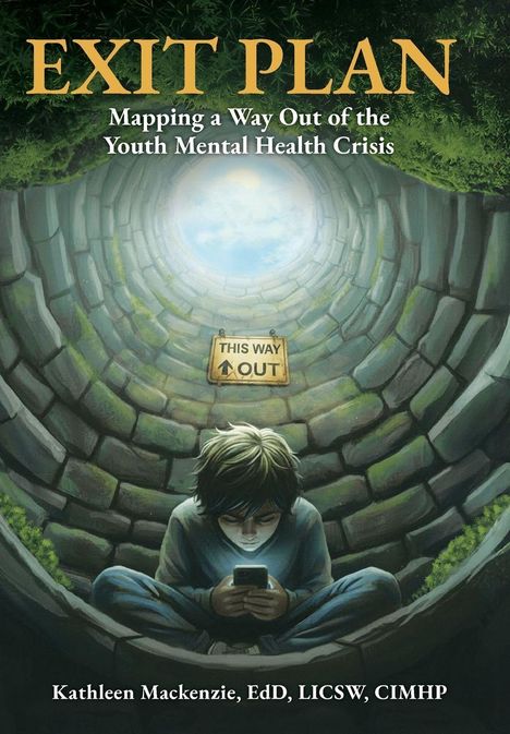 "EXIT PLAN. Mapping a Way Out of the Youth Mental Health Crisis. Junge mit Handy, sitzt am Boden eines Brunnens."