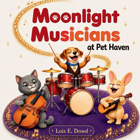 „Moonlight Musicians at Pet Haven“ von Lois E. Dowd. Eine Illustration mit Tiermusikern: Katze, Hund und Kaninchen.
