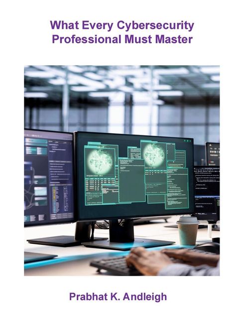 Titel: "What Every Cybersecurity Professional Must Master"; Name: "Prabhat K. Andleigh". Büro mit Monitoren.