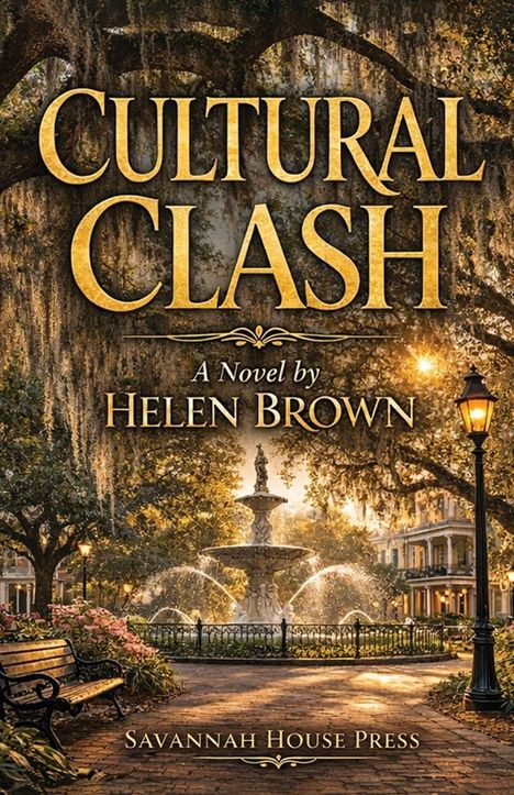 "Cultural Clash", ein Roman von Helen Brown. Park mit Brunnen und Bäumen, Laternen, Sitzbänken, Savannah House Press.