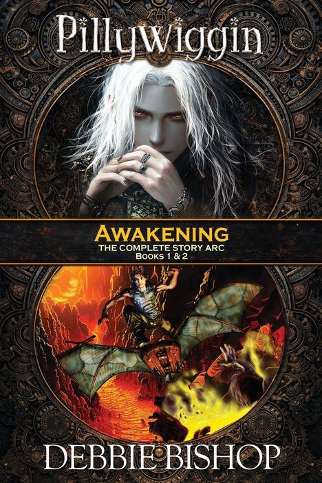 "Pillywiggin Awakening: The Complete Story Arc, Books 1 & 2, von Debbie Bishop." Oben: Weißhaarige Figur. Unten: Magier mit Flügeln.